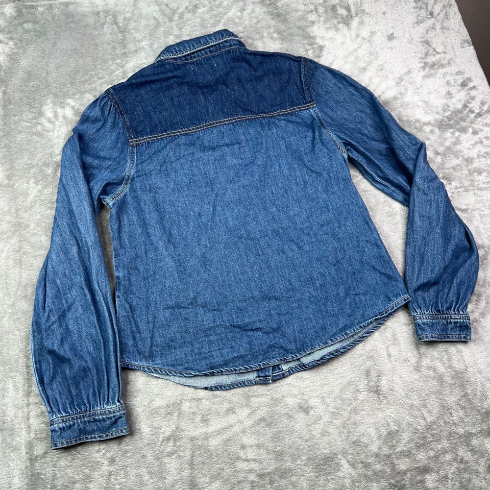 Risen Denim Pearl Snap Shirt Women Large Blue Two Tone Long Sleeve Puff Shoulder - Picture 4 of 10